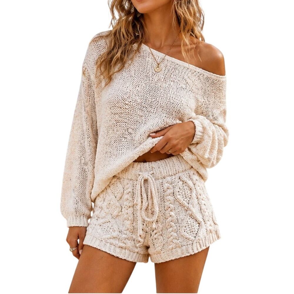 POL Cable Knit Sweater Shorts Boho Cream Drawstring Lounge